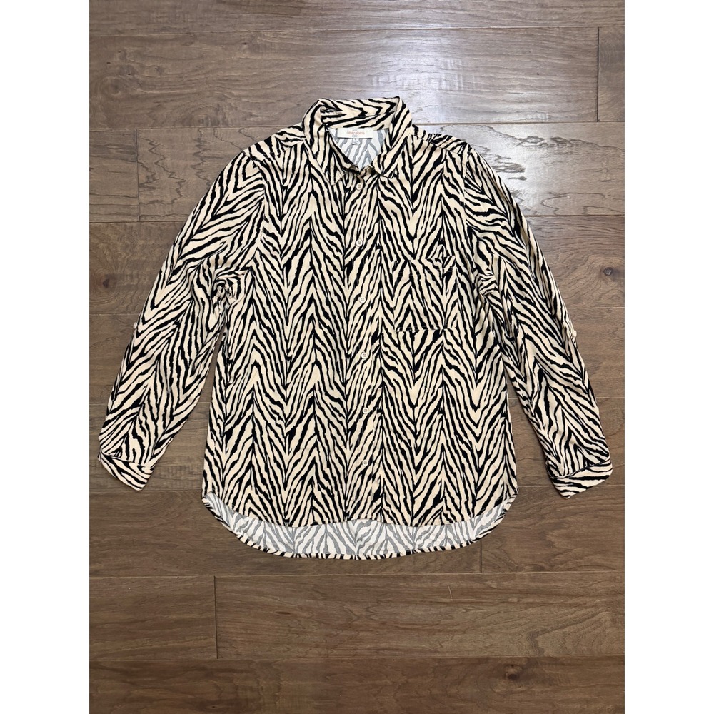 Casa Cabana Button Down Women L Tan Black Rayon Zebra Print Relaxed Safari Shirt